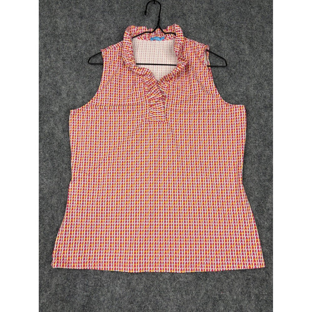 J.McLaughlin Womens XL Sleeveless Ruffle Collar Geometric Wave Print Top Pink